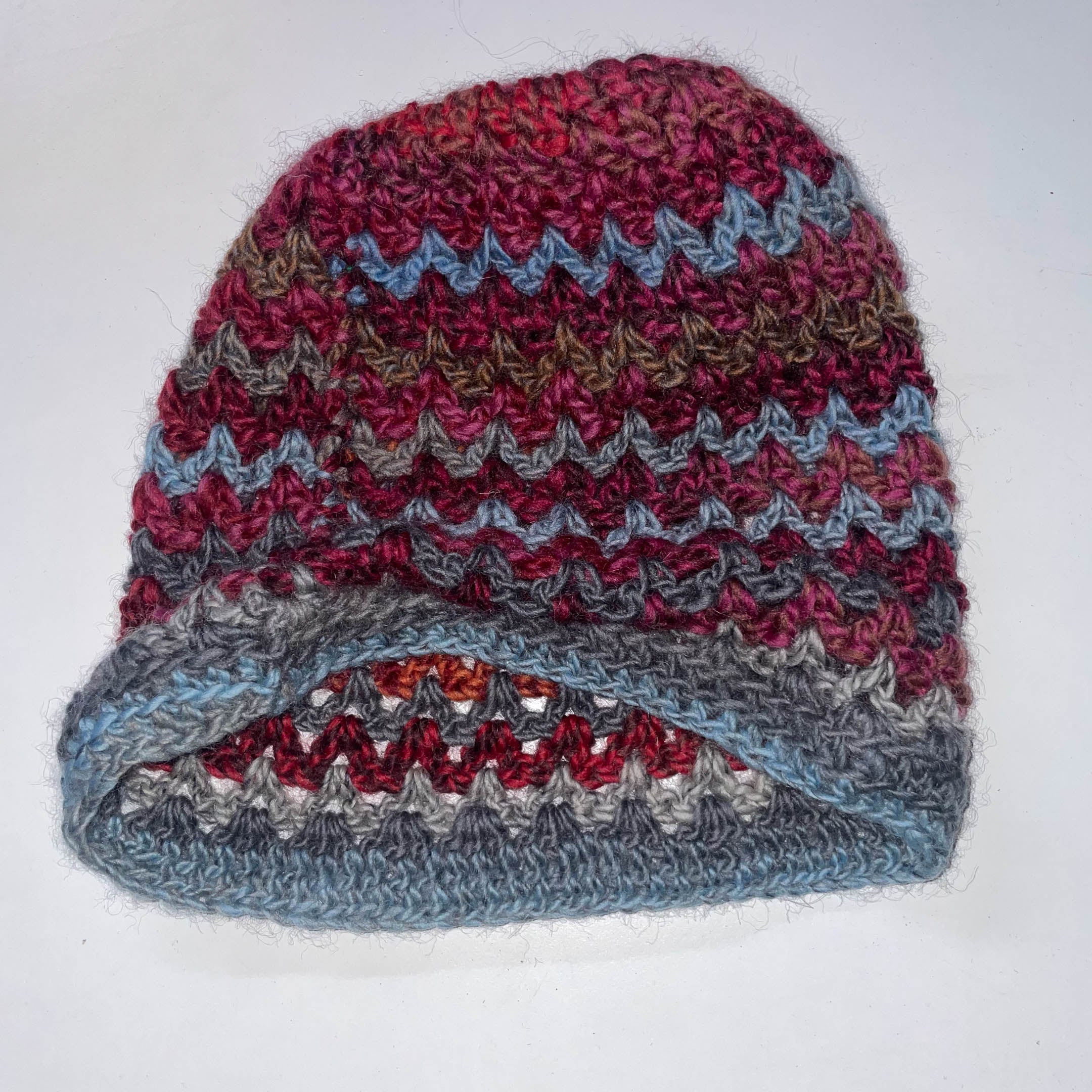 Vintage crochet zizzag multi stripe reversible beanie hat