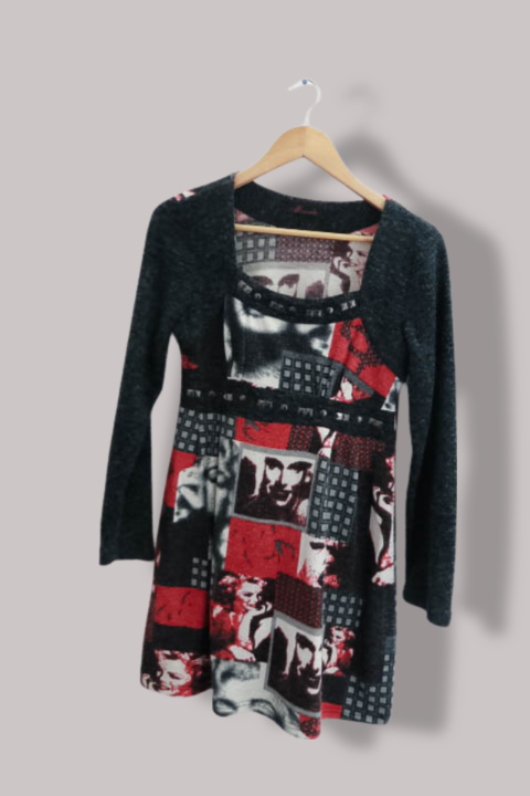 Vintage Missoula womens patchwork grey and red long sleeve midi dress size 8/10