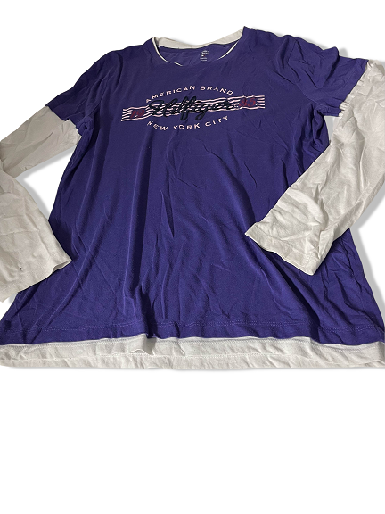 Vintage Womens Tommy Hilfiger American Brand 1985 New york city graphics colorblock purple and grey long sleeve large tees