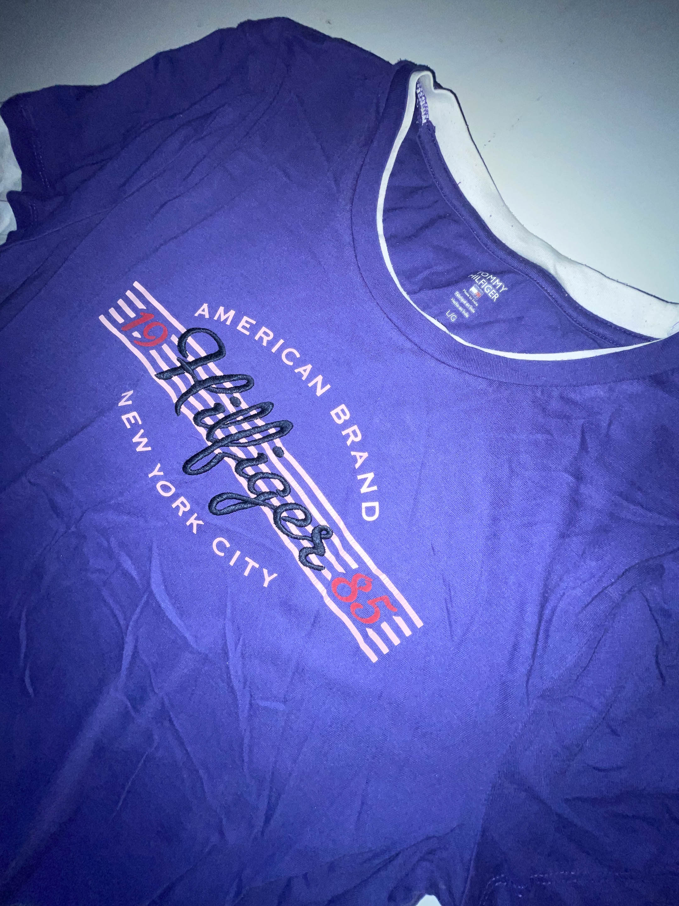 Vintage Womens Tommy Hilfiger American Brand 1985 New york city graphics colorblock purple and grey long sleeve large tees