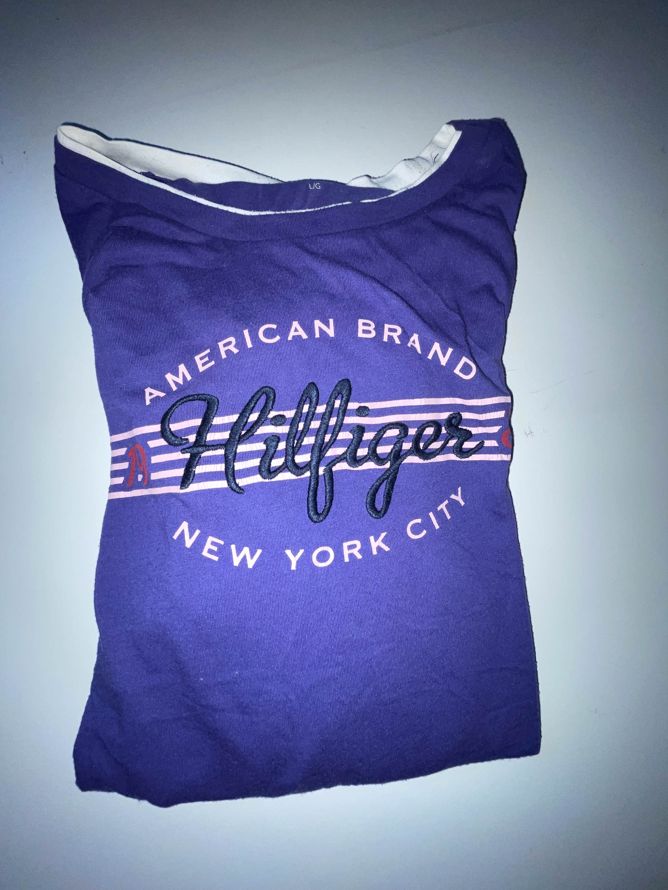 Vintage Womens Tommy Hilfiger American Brand 1985 New york city graphics colorblock purple and grey long sleeve large tees