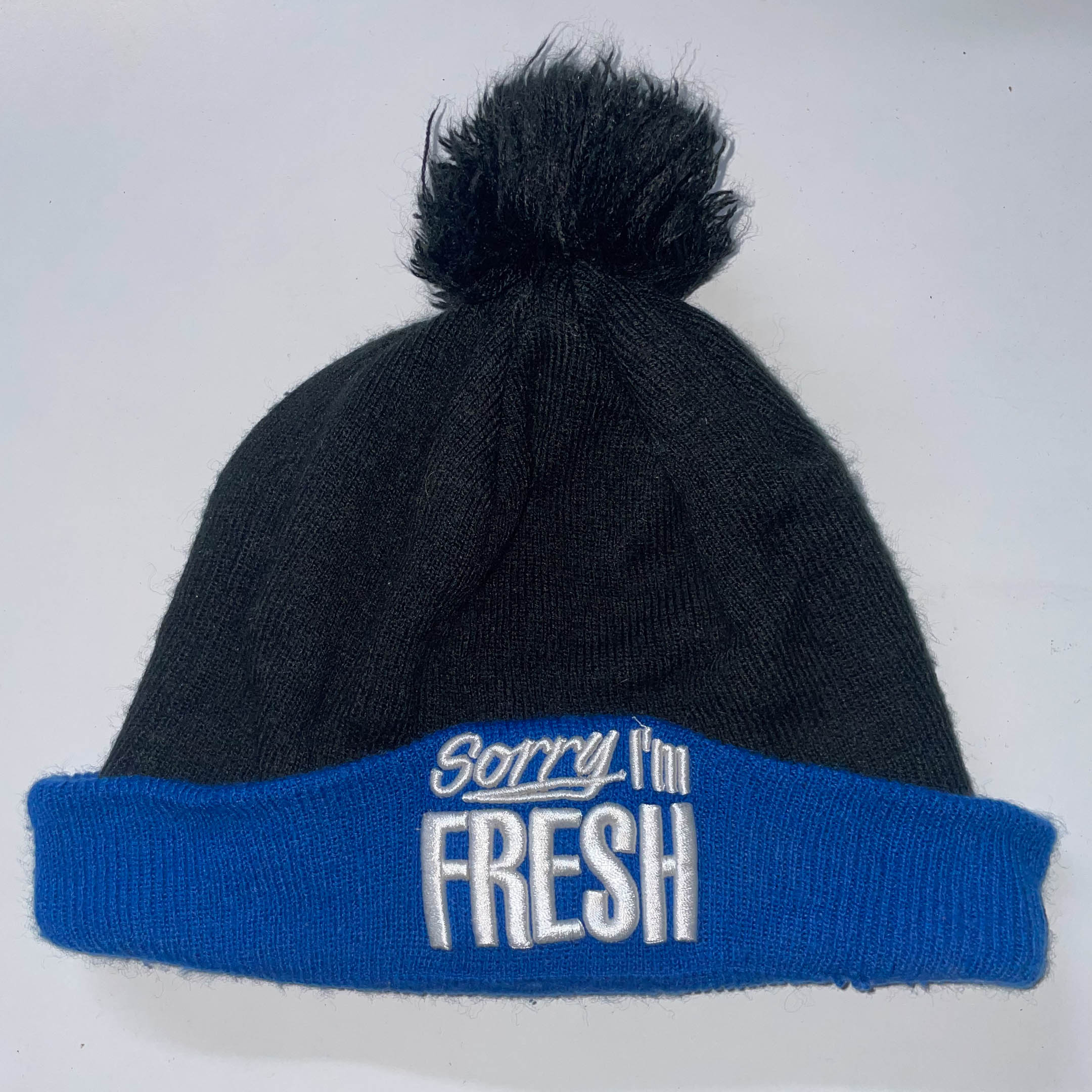 Vintage New Era sorry i'm fresh print blue black beanie hat