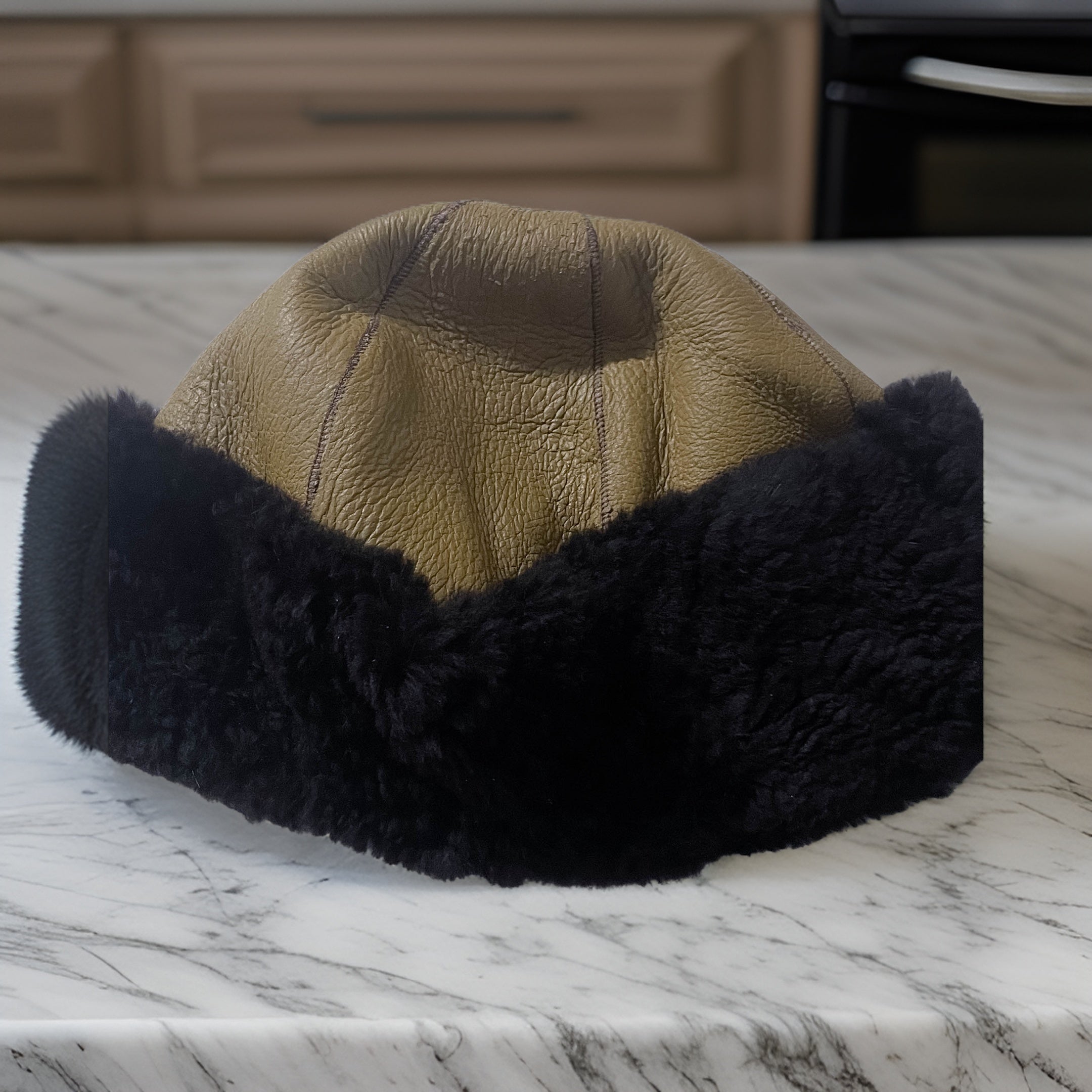 Vintage Genuine leather cream and black docker cap fisherman