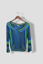 Vintage Karen Millen Women's Green Blue Striped Viscose Medium Blouse