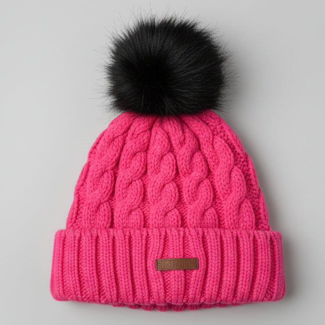Vibrant Pink Cable Knit Beanie with Faux Fur Pom-Pom SKU 7335
