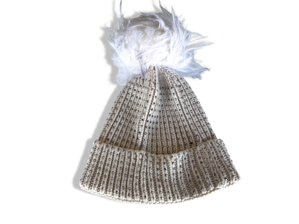 Vintage woman cream studded knitted beanie faux fur hat|SKU 4355