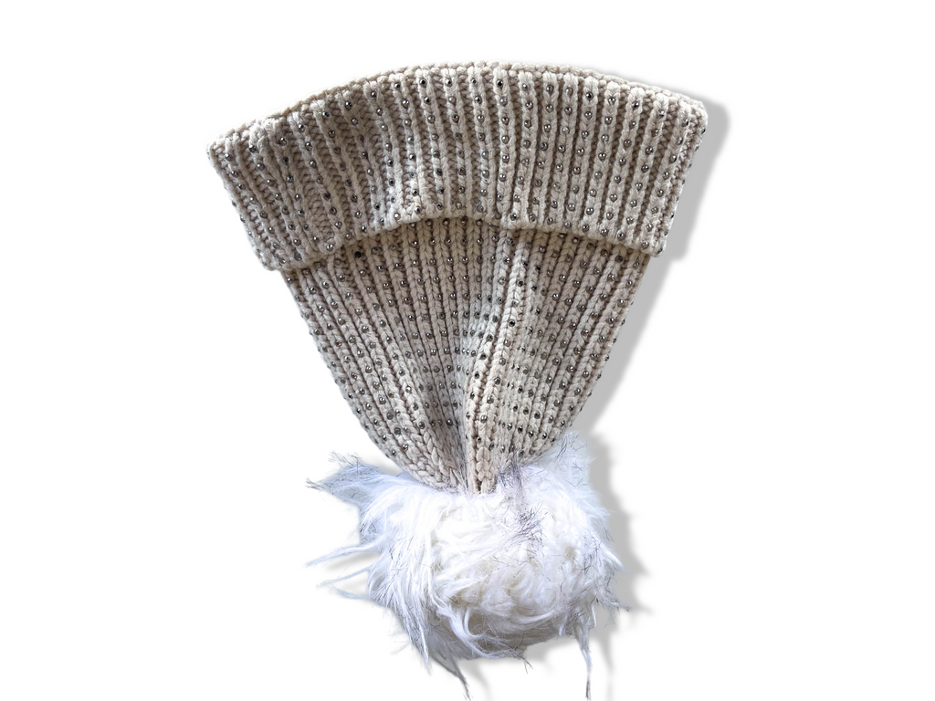 Vintage woman cream studded knitted beanie faux fur hat|SKU 4355