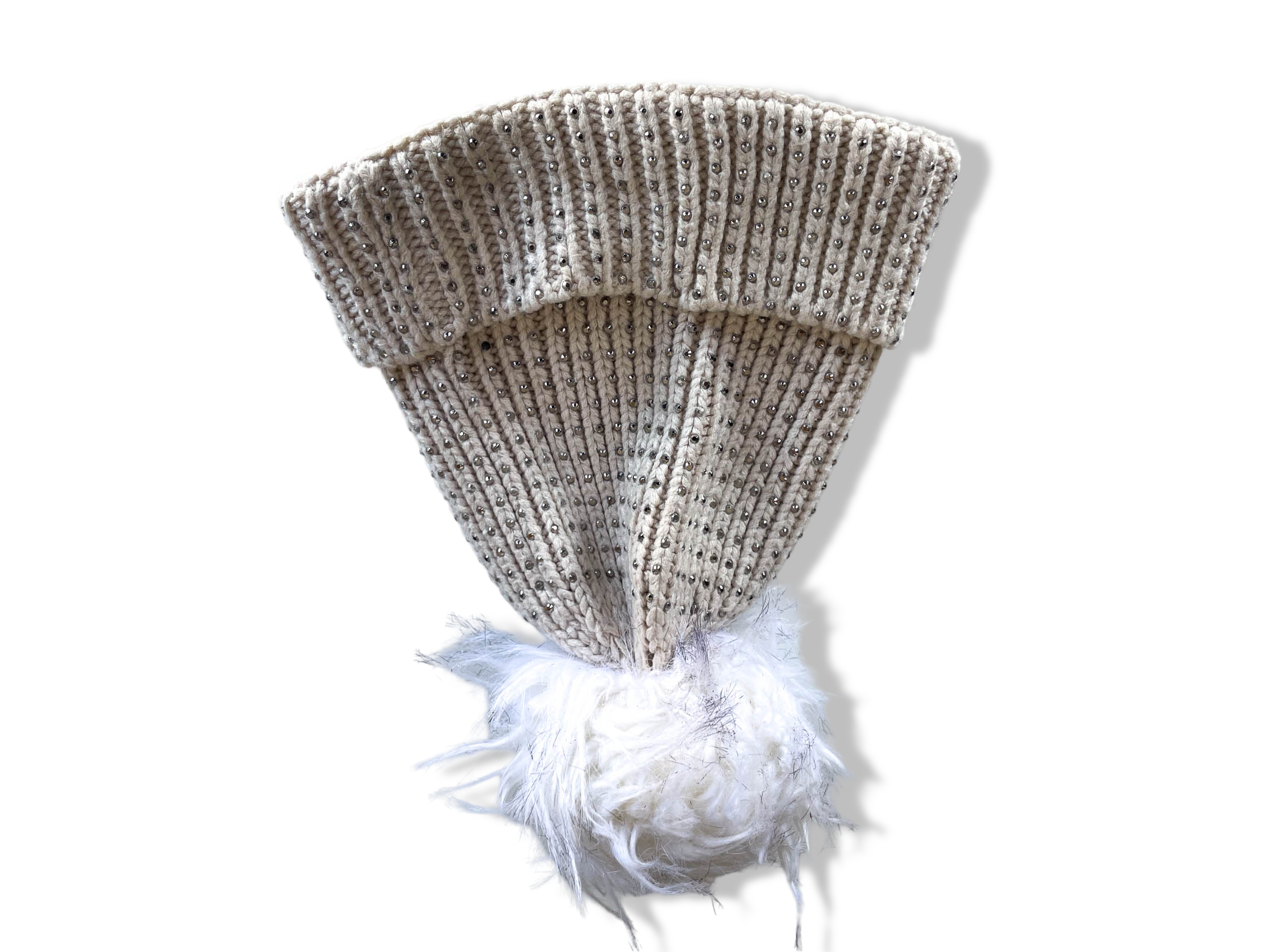 Vintage woman cream studded knitted beanie faux fur hat|SKU 4355