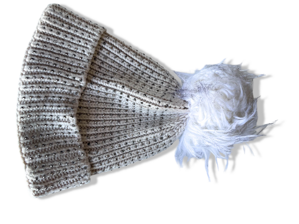 Vintage woman cream studded knitted beanie faux fur hat|SKU 4355