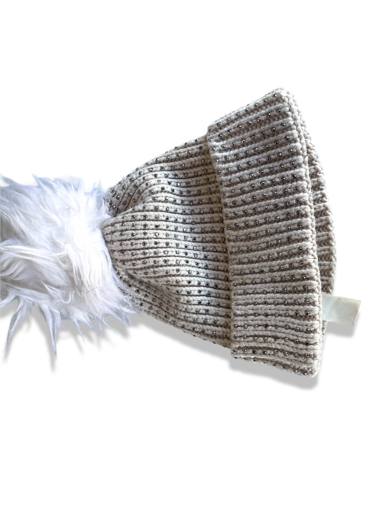 Vintage woman cream studded knitted beanie faux fur hat|SKU 4355
