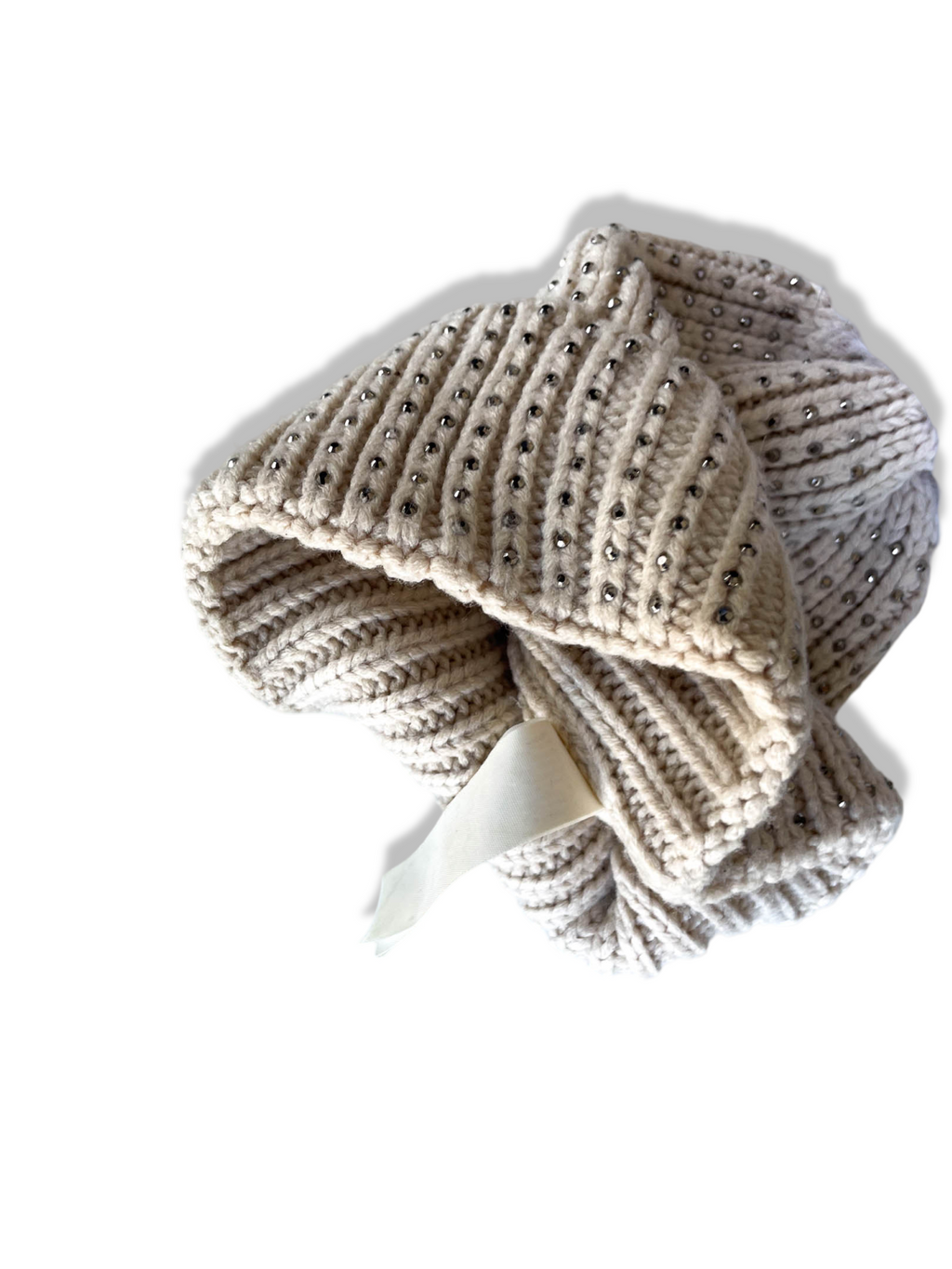 Vintage woman cream studded knitted beanie faux fur hat|SKU 4355