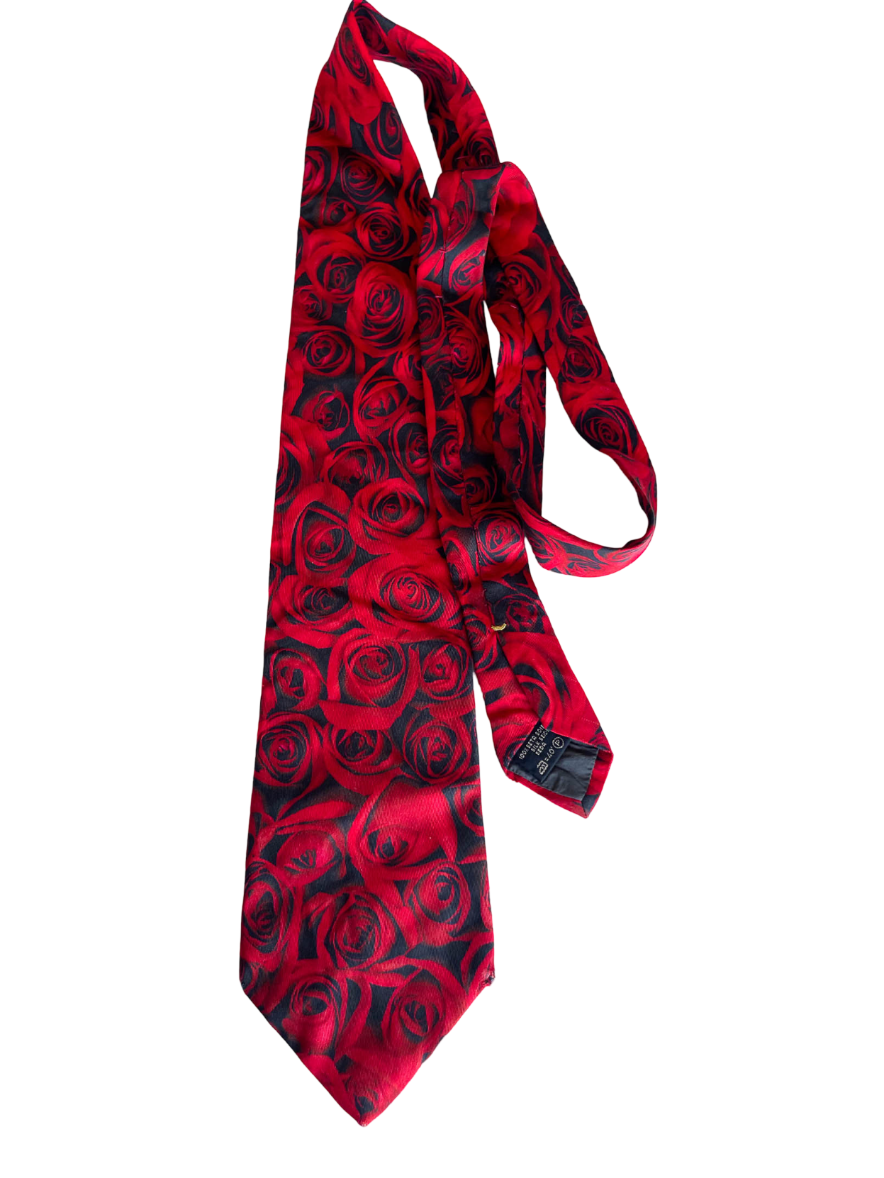 Vintage red rose print Robert Charles men's silk seida tie| SKU 4363