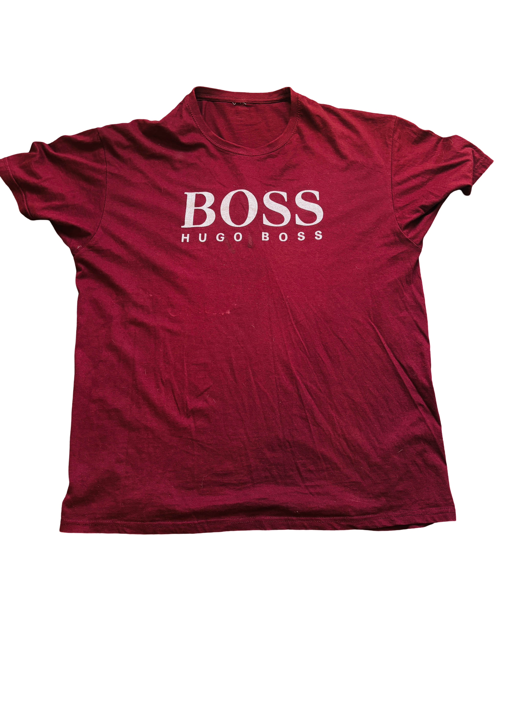 Vintage BOSS Logo Crew Neck Tee Wine Red - M/L - Men's