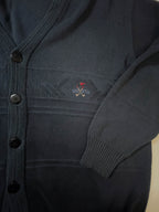 Vintage Golf Style men's blue chunky knitted button up V-neck Cardigan in L|L28W25|SKU 3924