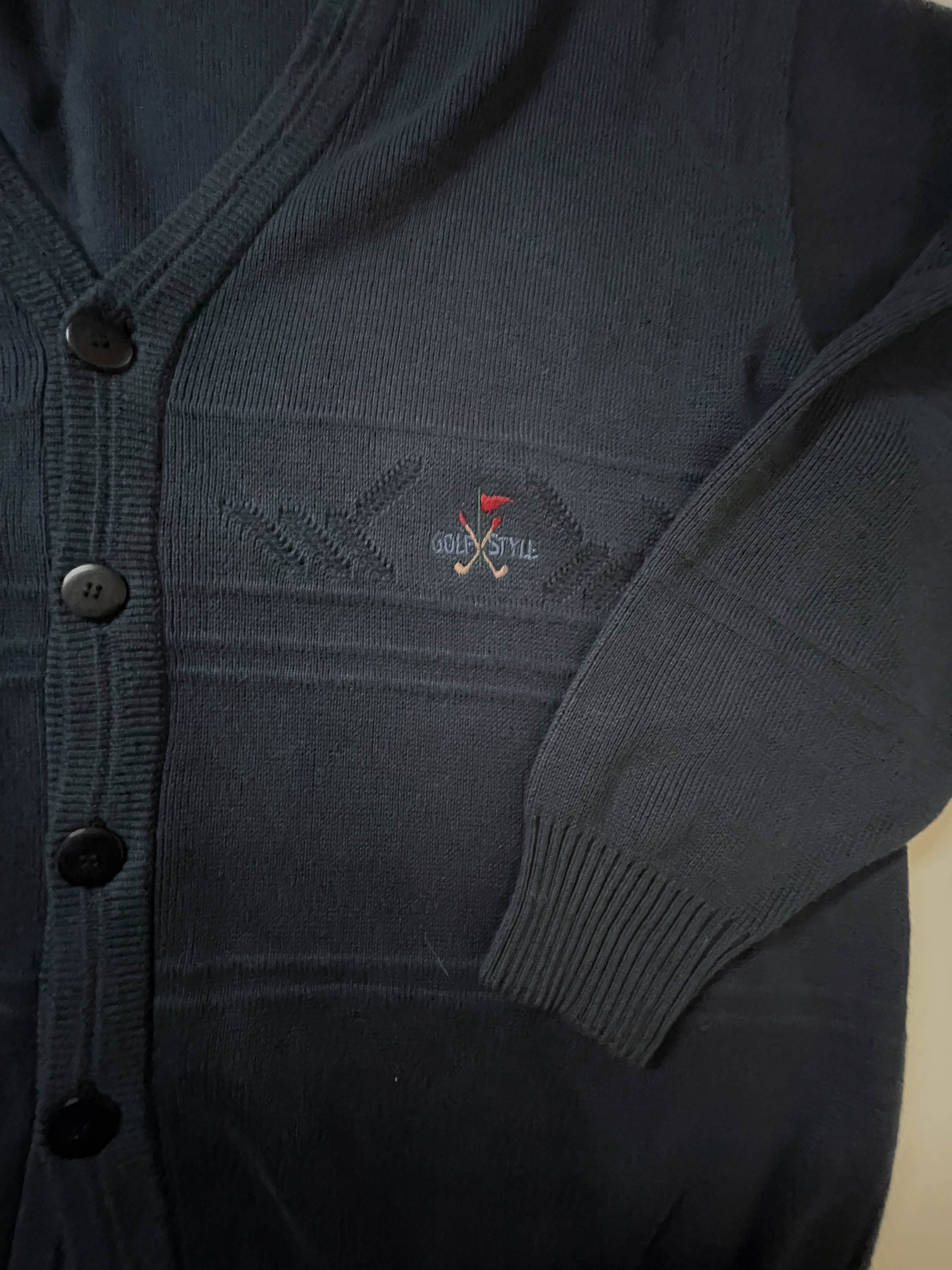 Vintage Golf Style men's blue chunky knitted button up V-neck Cardigan in L|L28W25|SKU 3924