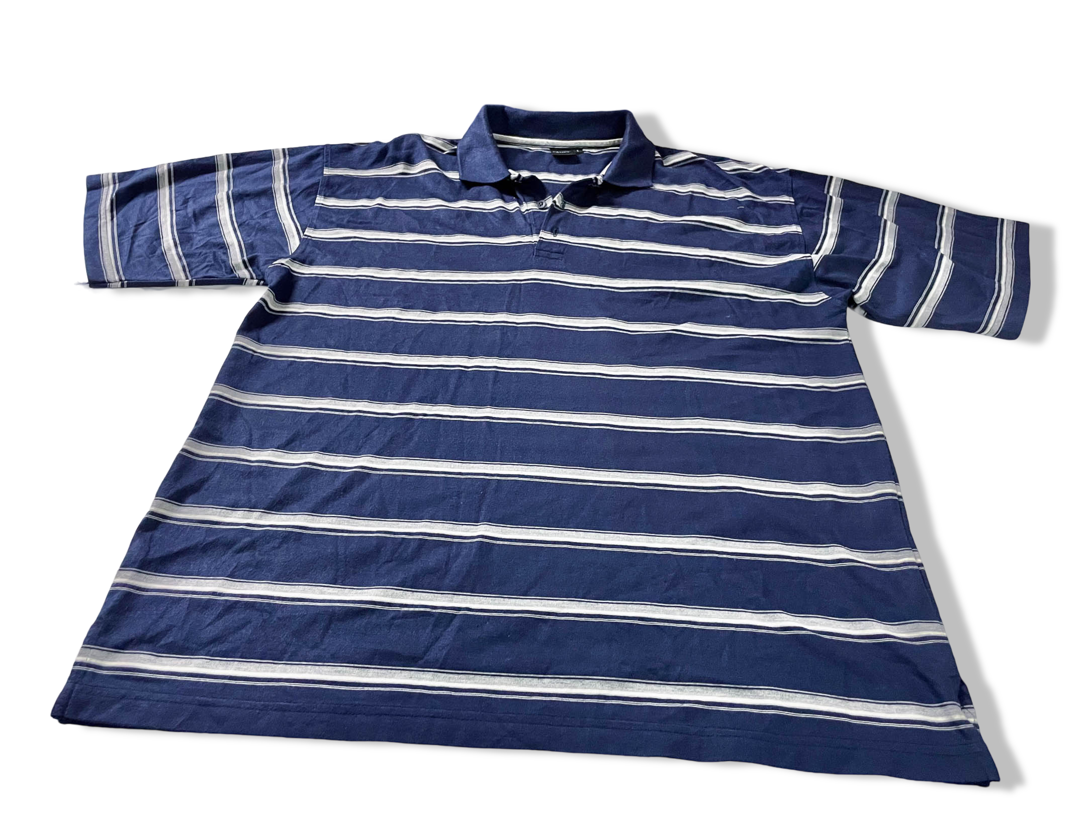 Vintage Gianni Vitorio blue stripe short sleeve polo shirt in L|L 31 W23|SKU4102