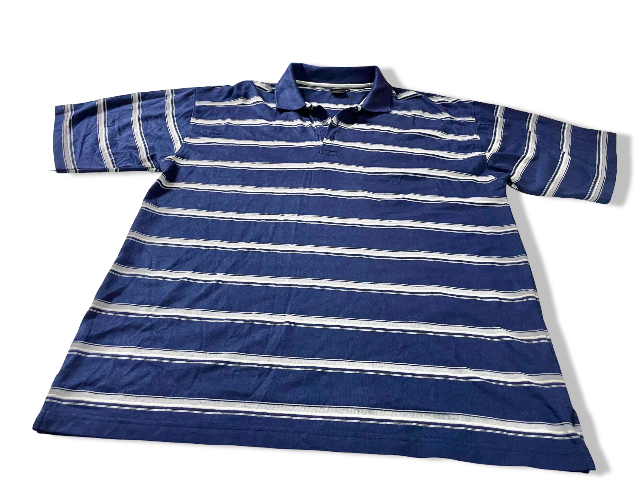 Vintage Gianni Vitorio blue stripe short sleeve polo shirt in L|L 31 W23|SKU4102