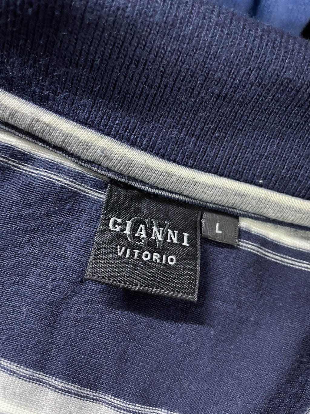 Vintage Gianni Vitorio blue stripe short sleeve polo shirt in L|L 31 W23|SKU4102
