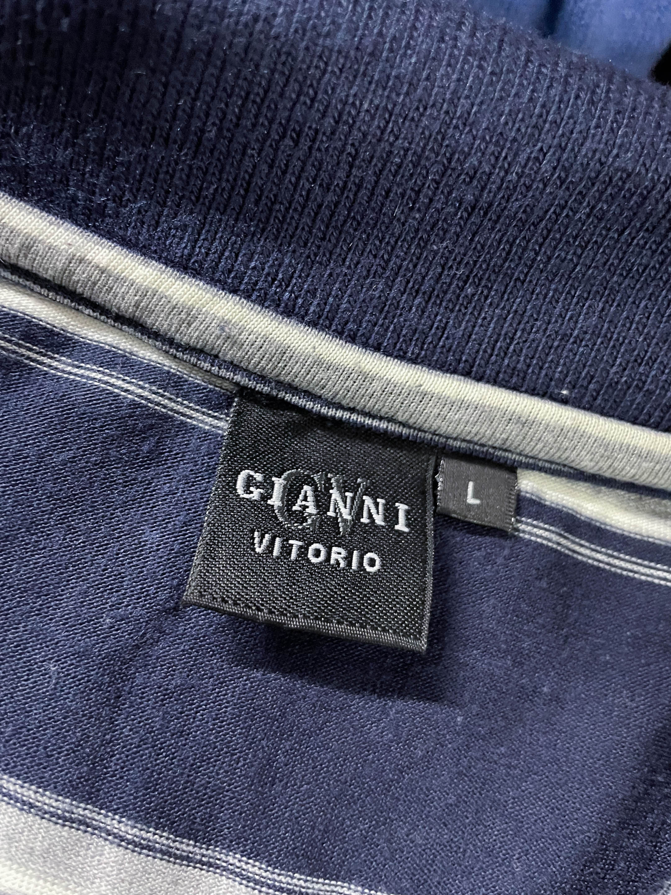 Vintage Gianni Vitorio blue stripe short sleeve polo shirt in L|L 31 W23|SKU4102