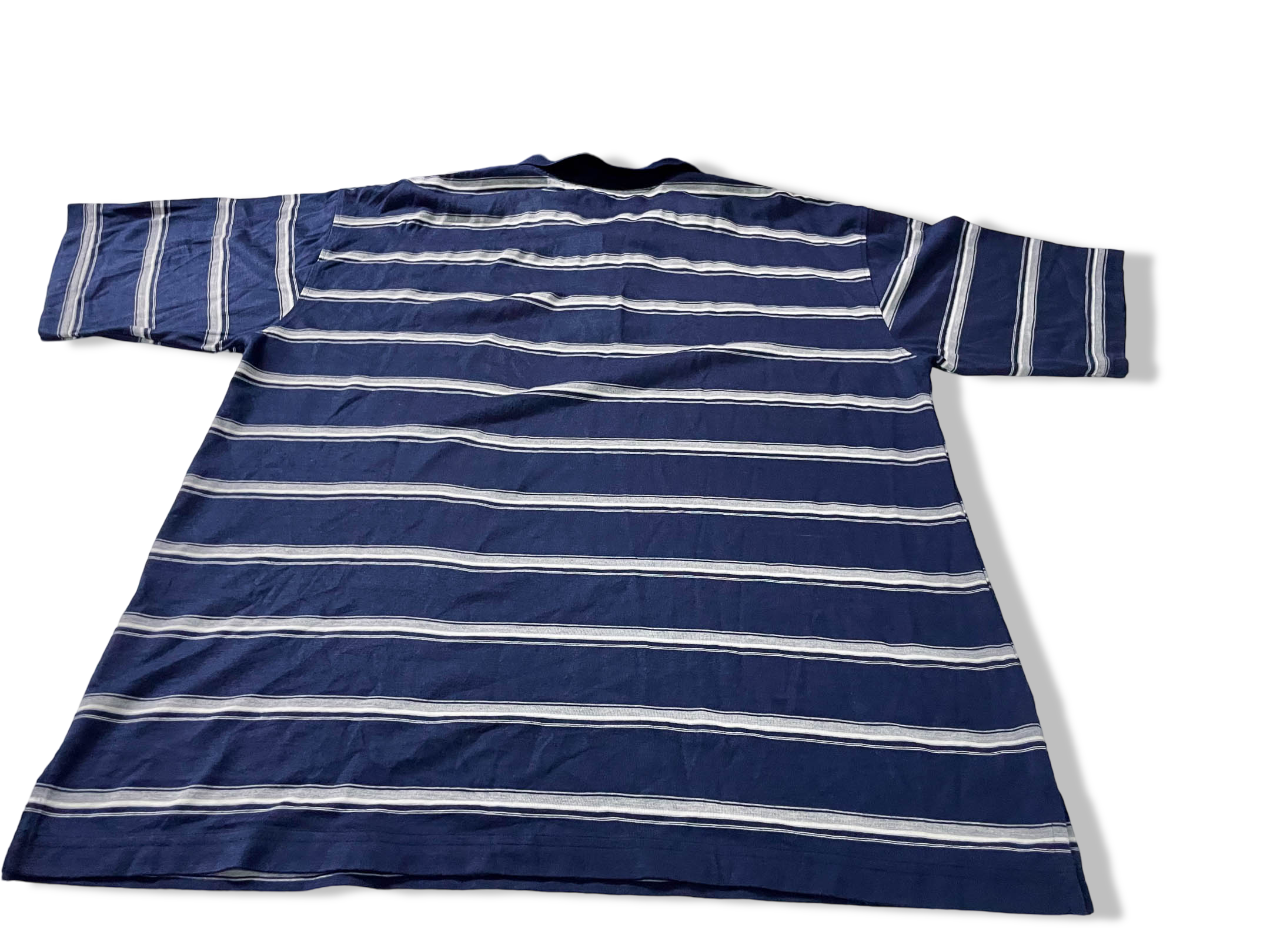 Vintage Gianni Vitorio blue stripe short sleeve polo shirt in L|L 31 W23|SKU4102