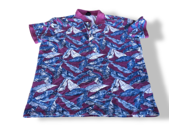 Vintage purple floral print short sleeve polo shirt in M|L25 W22|SKU 4380