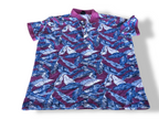 Vintage purple floral print short sleeve polo shirt in M|L25 W22|SKU 4380