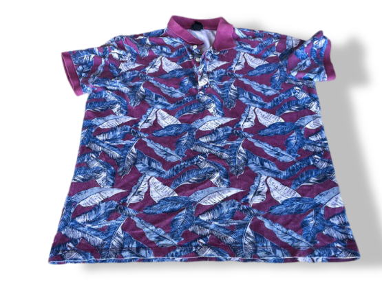 Vintage purple floral print short sleeve polo shirt in M|L25 W22|SKU 4380