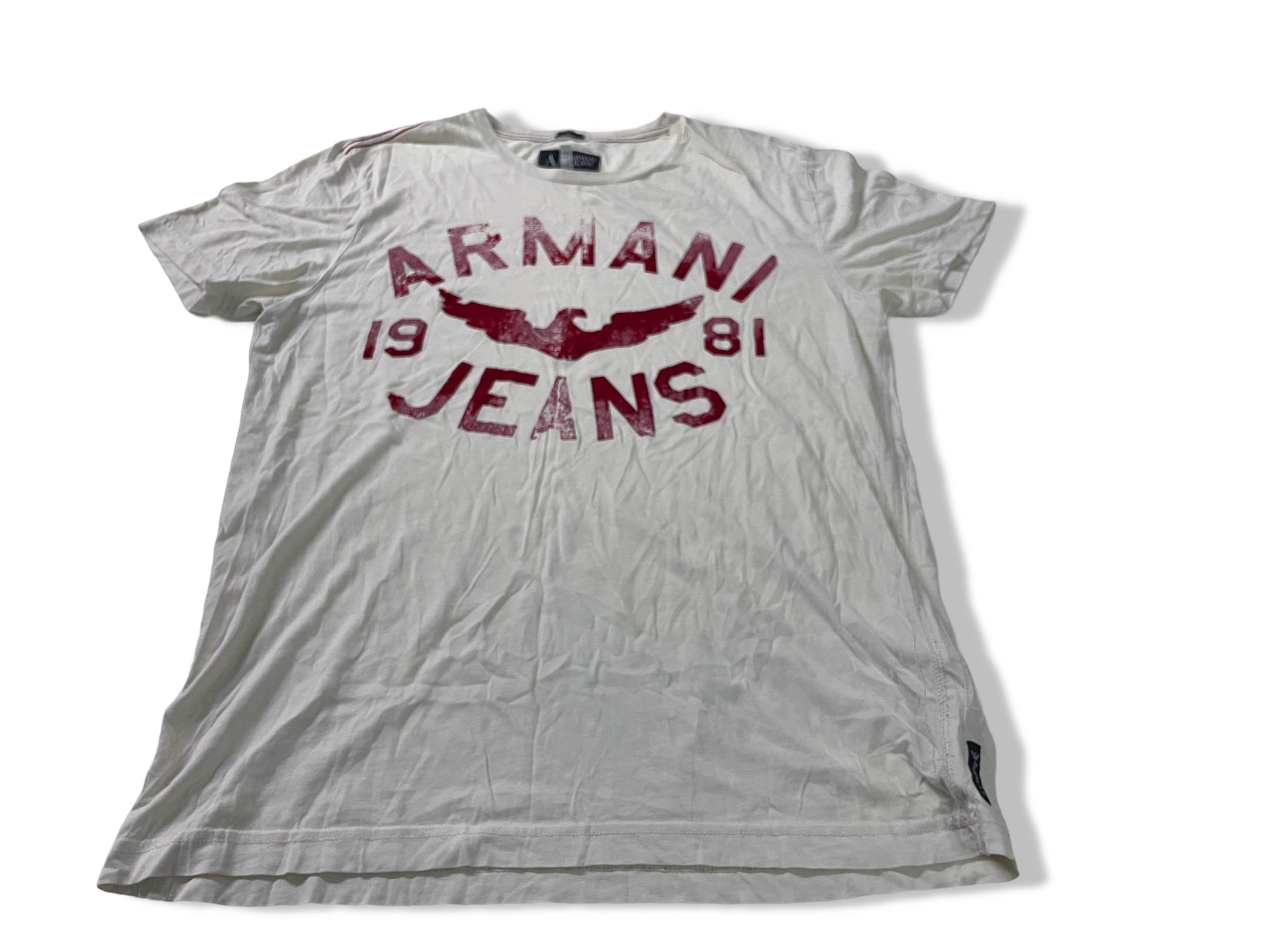 Vintage Men's White Armani Jeans graphics tees in M|L27 W19| SKU 4108