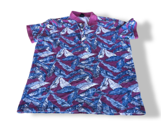 Vintage purple floral print short sleeve polo shirt in M|L25 W22|SKU 4380