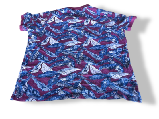 Vintage purple floral print short sleeve polo shirt in M|L25 W22|SKU 4380