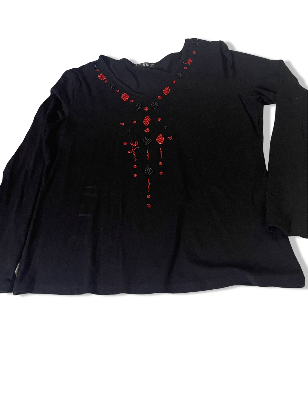 Vintage Gilbert women's black embroidery V-neck long sleeve top size 42|SKU 3760<br>