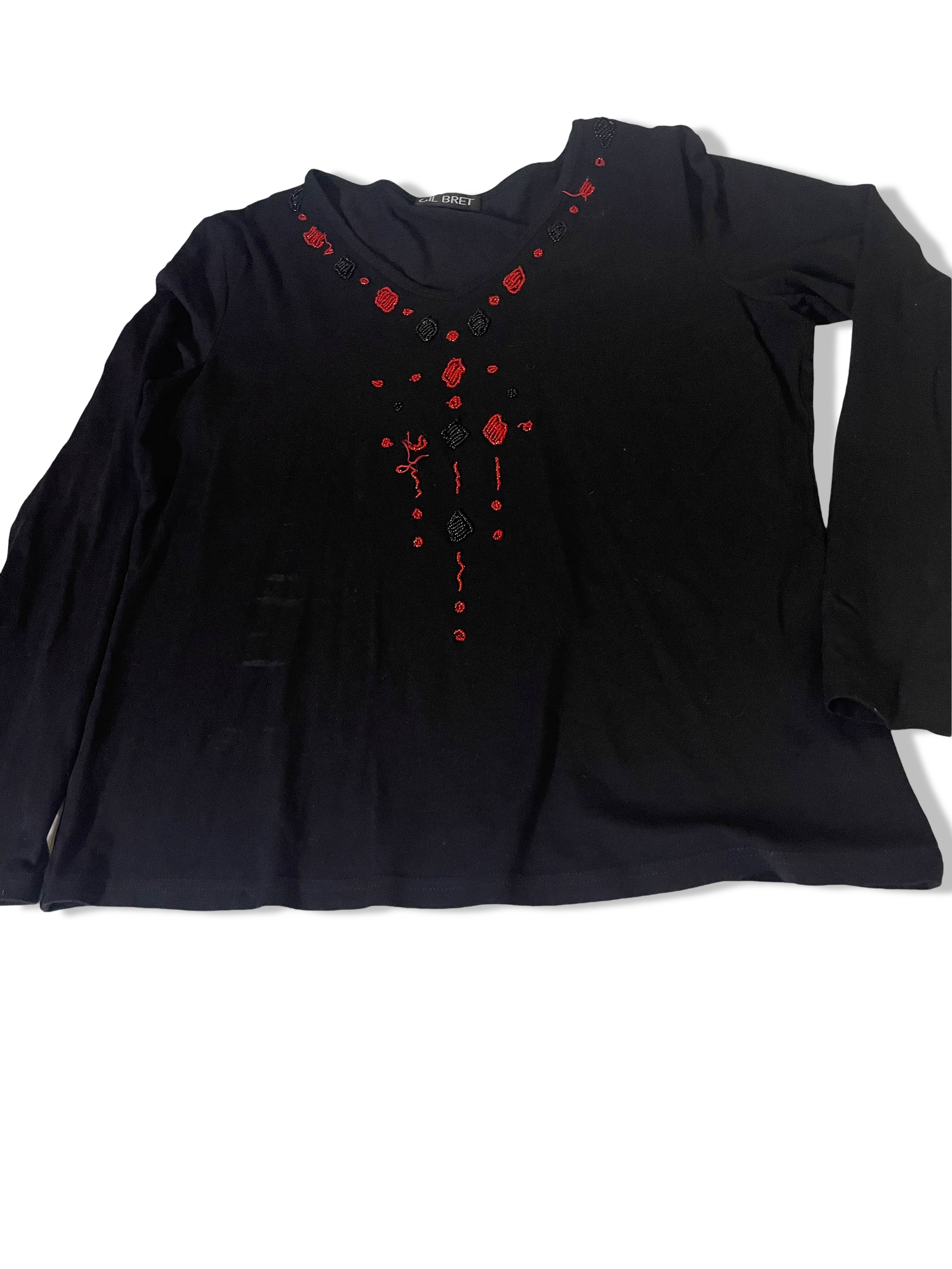 Vintage Gilbert women's black embroidery V-neck long sleeve top size 42|SKU 3760<br>
