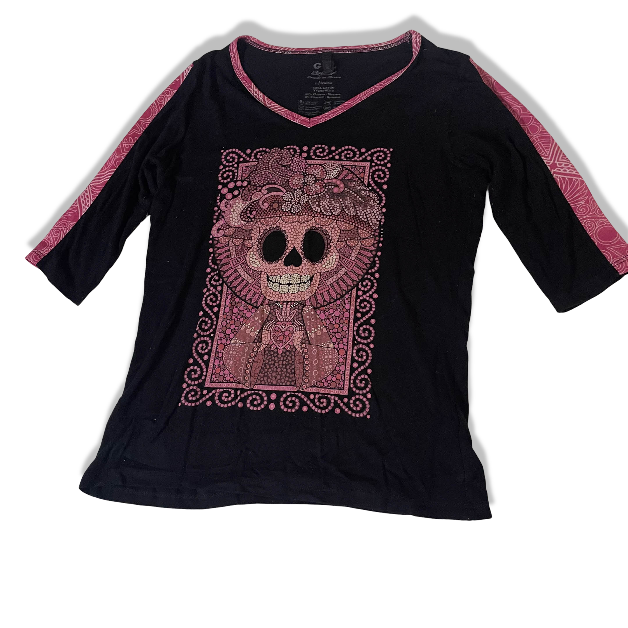  Vintage Black Iayguay mexico women's skull print v-neck large top |L23W16|3763