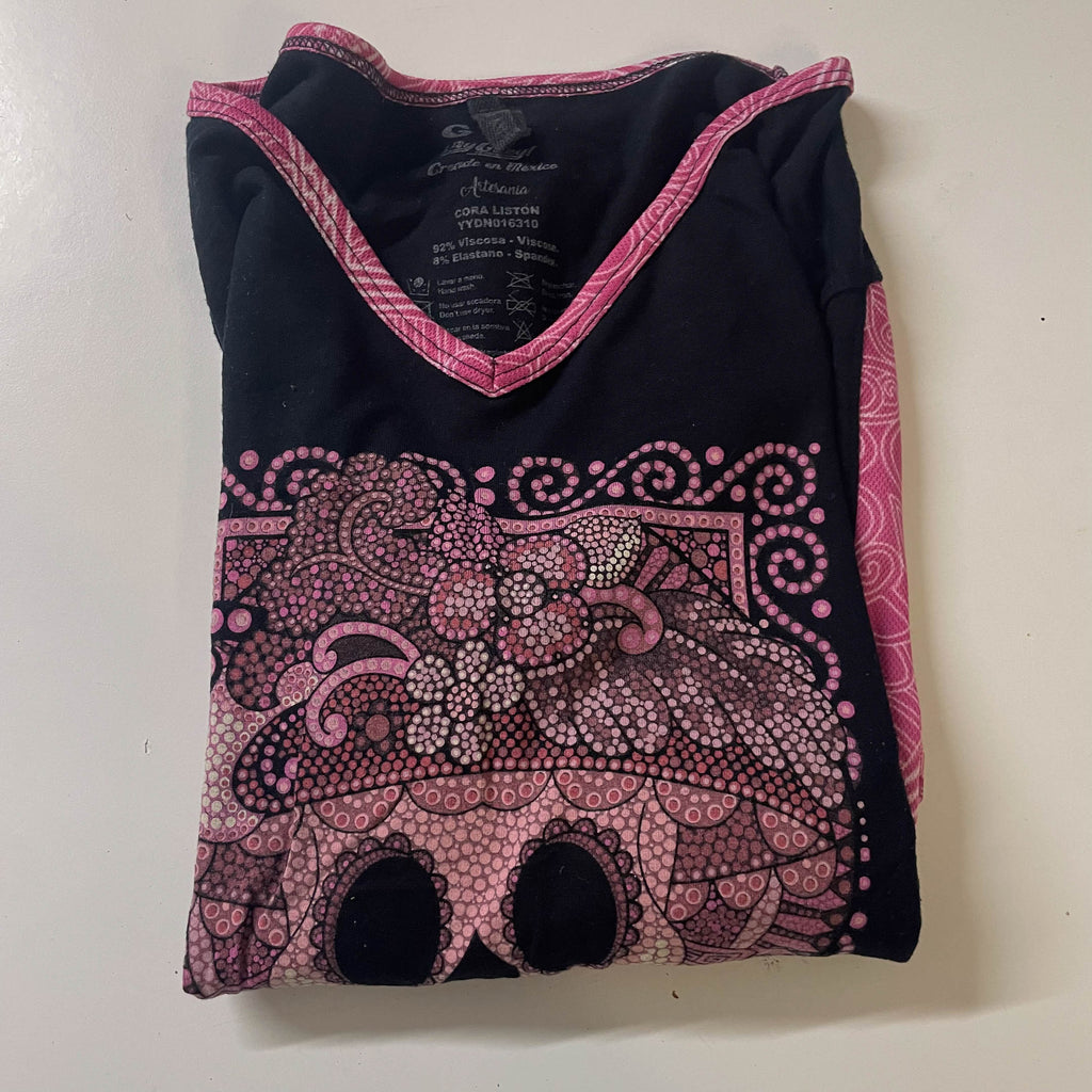  Vintage Black Iayguay mexico women's skull print v-neck large top |L23W16|3763