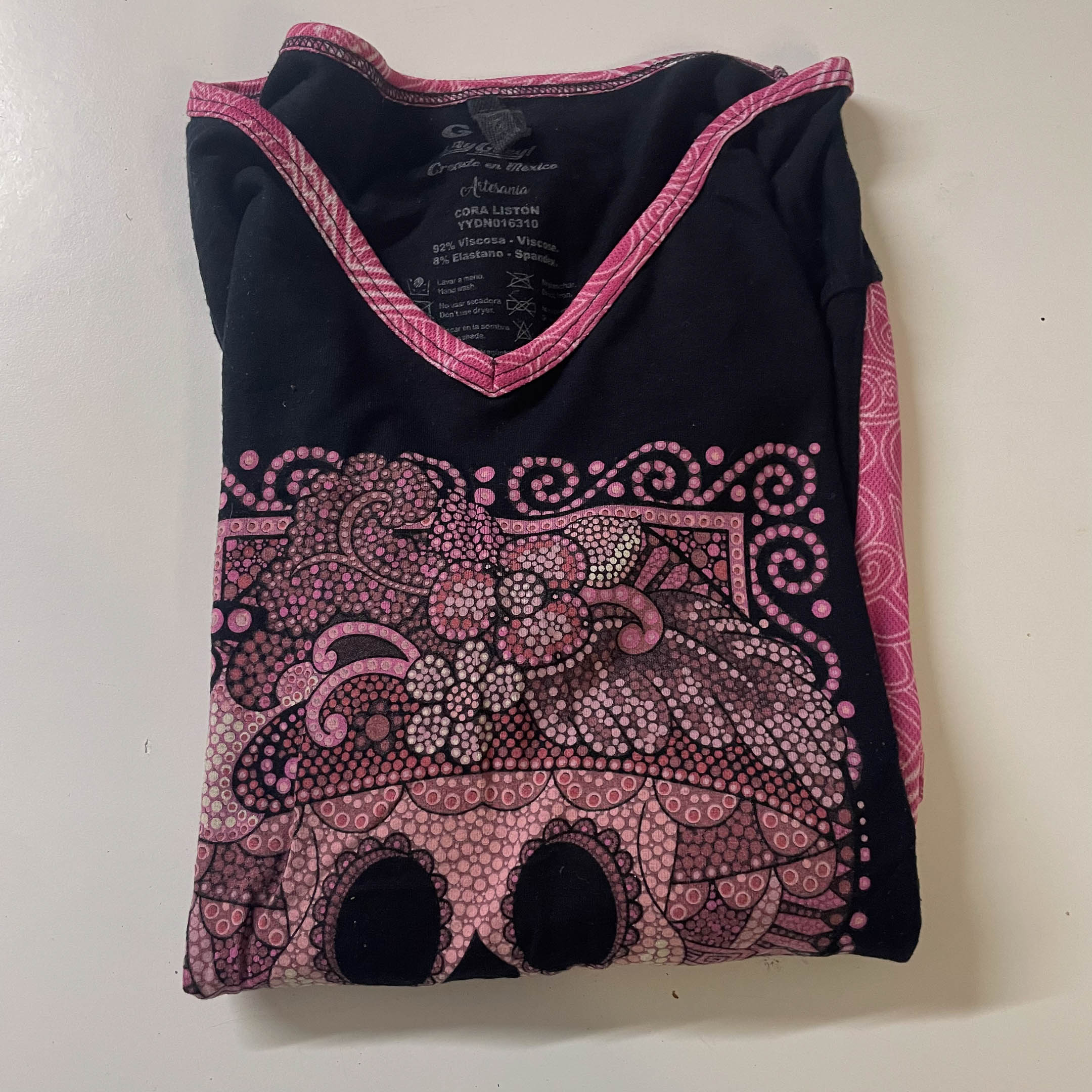  Vintage Black Iayguay mexico women's skull print v-neck large top |L23W16|3763