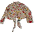 Womens Y2K Beige Floral Cropped Button-Up UK 14 Collared -Tie Front|L25W18| 3777<br>