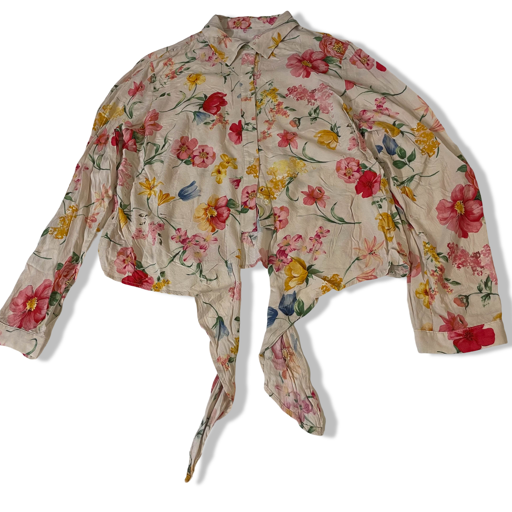 Womens Y2K Beige Floral Cropped Button-Up UK 14 Collared -Tie Front|L25W18| 3777<br>