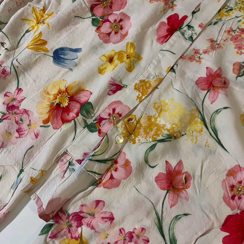 Womens Y2K Beige Floral Cropped Button-Up UK 14 Collared -Tie Front|L25W18| 3777