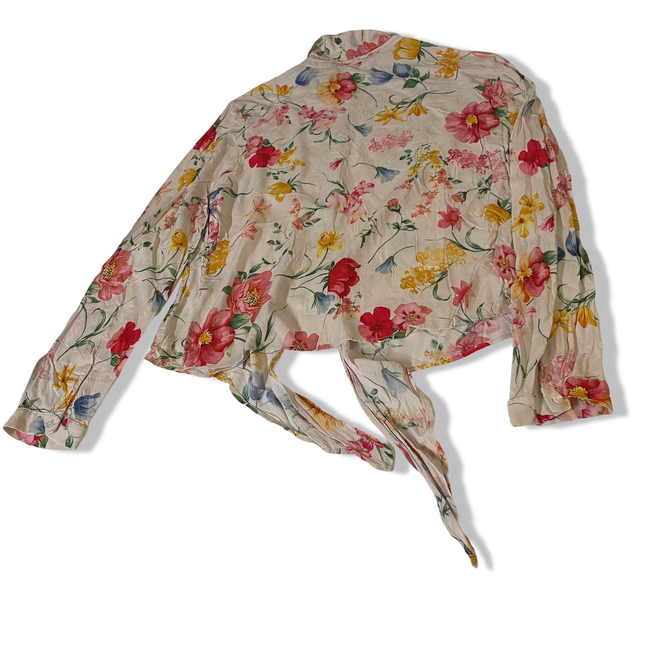Womens Y2K Beige Floral Cropped Button-Up UK 14 Collared -Tie Front|L25W18| 3777