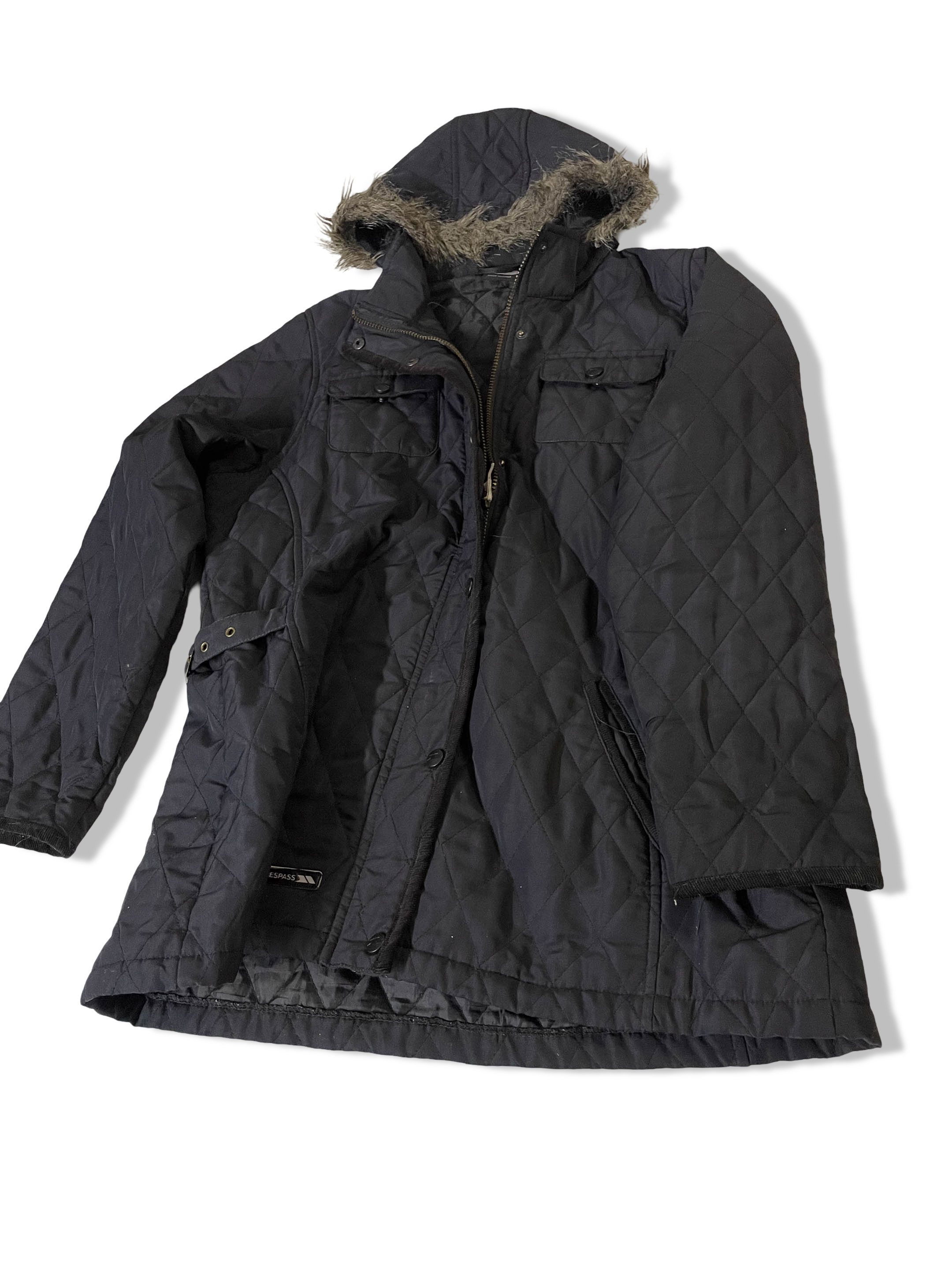 Vintage Women's TRESPASS Navy Quilted Hoodie Jacket & Coat in XXL|L30W23|SKU3791