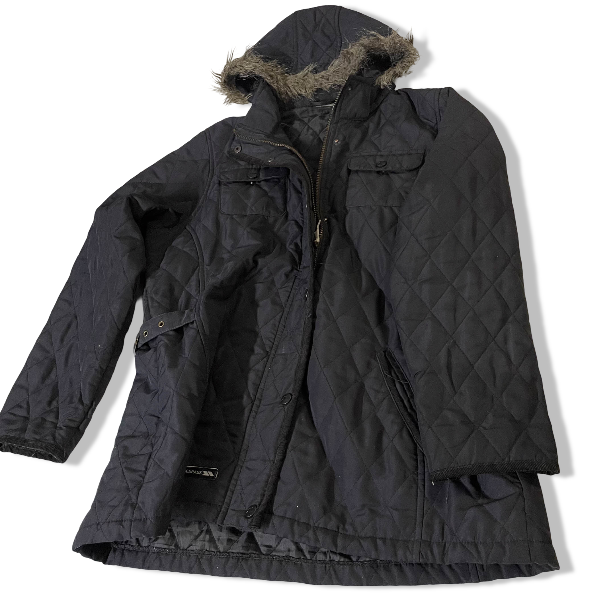 Vintage Women's TRESPASS Navy Quilted Hoodie Jacket & Coat in XXL|L30W23|SKU3791