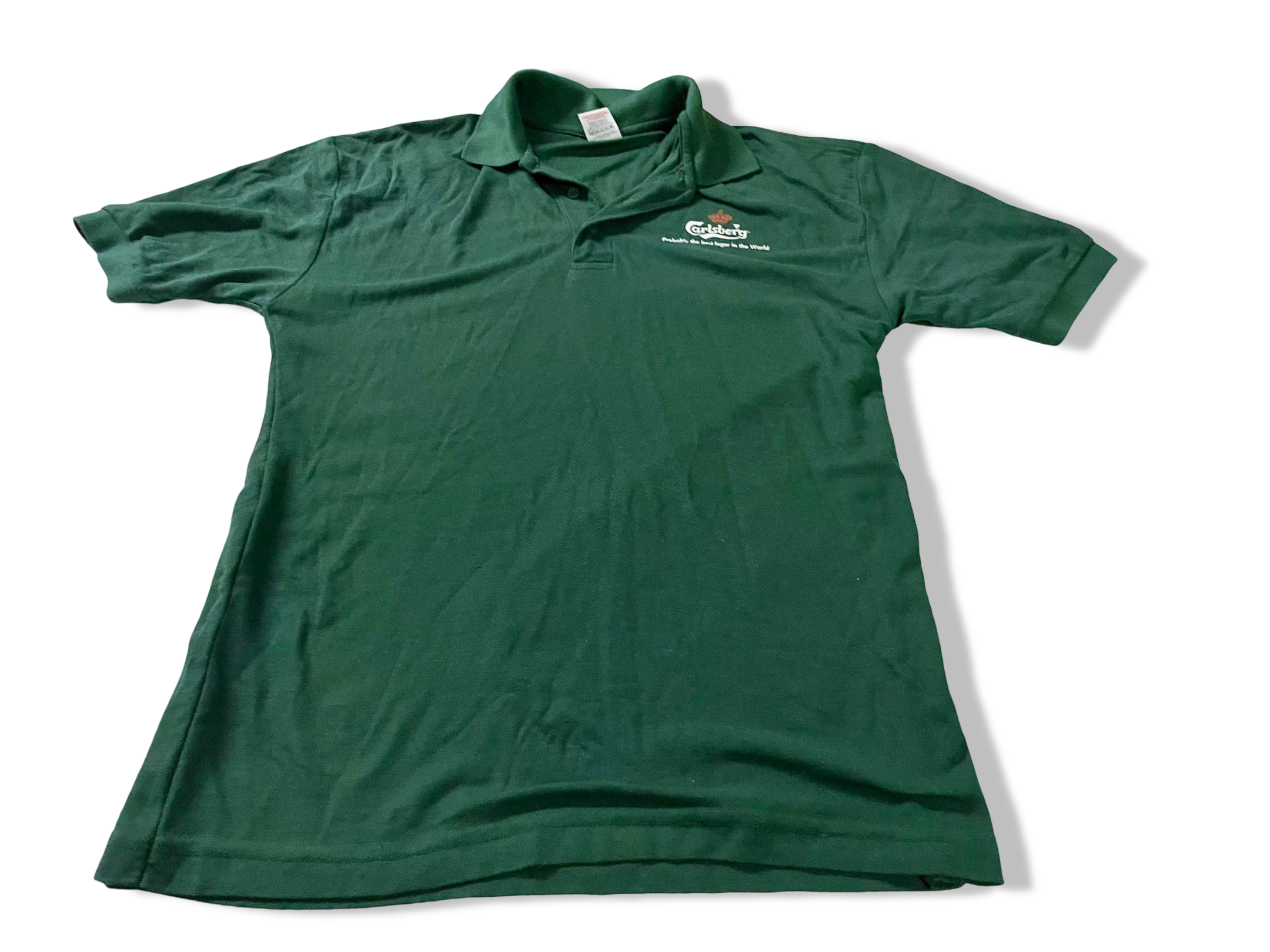Vintage Men's Fruit of the loom Carlsberg green polo shirt in M|L29 W18| SKU 4114