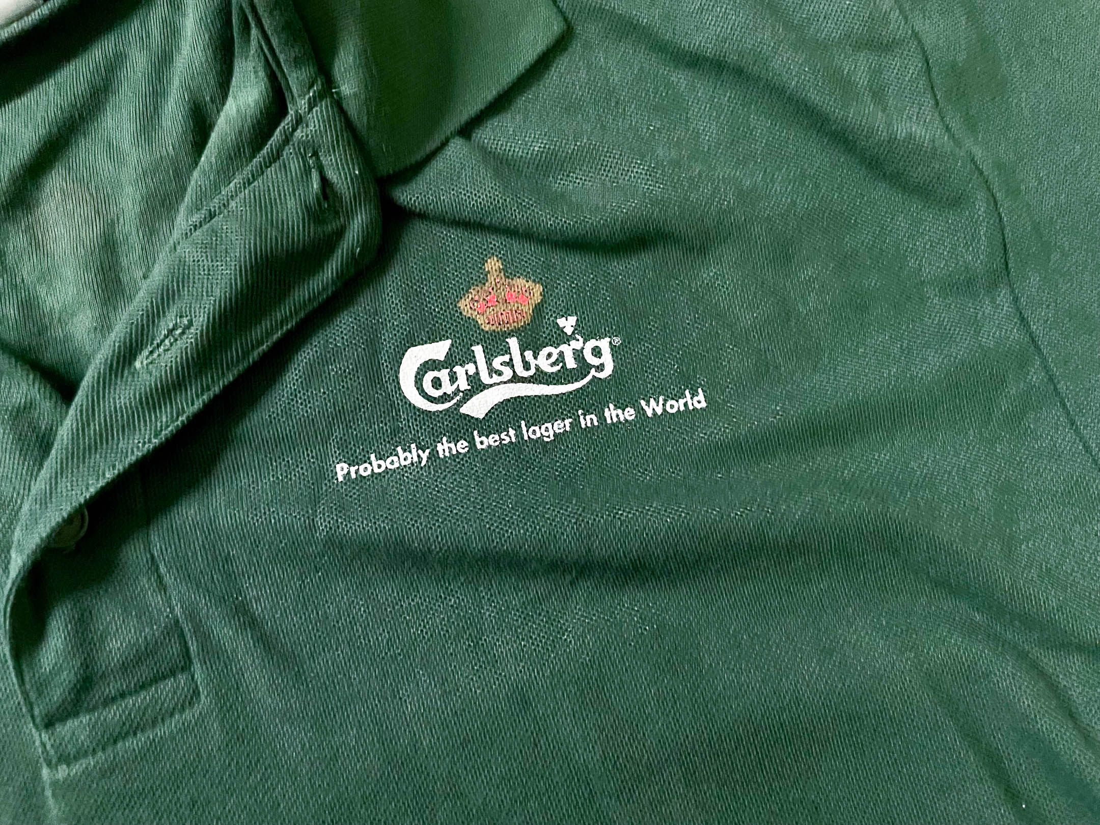 Vintage Men's Fruit of the loom Carlsberg green polo shirt in M|L29 W18| SKU 4114
