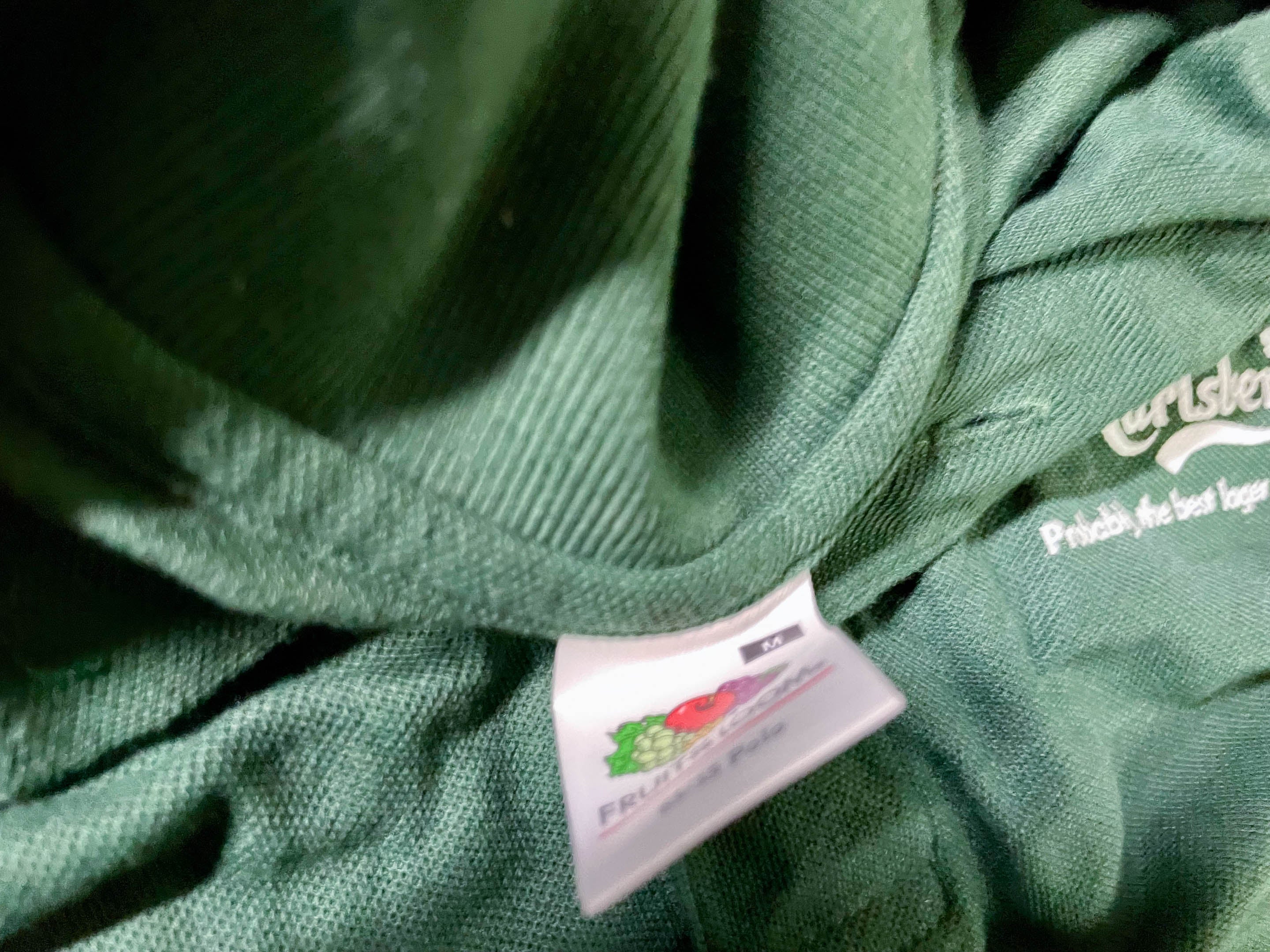 Vintage Men's Fruit of the loom Carlsberg green polo shirt in M|L29 W18| SKU 4114