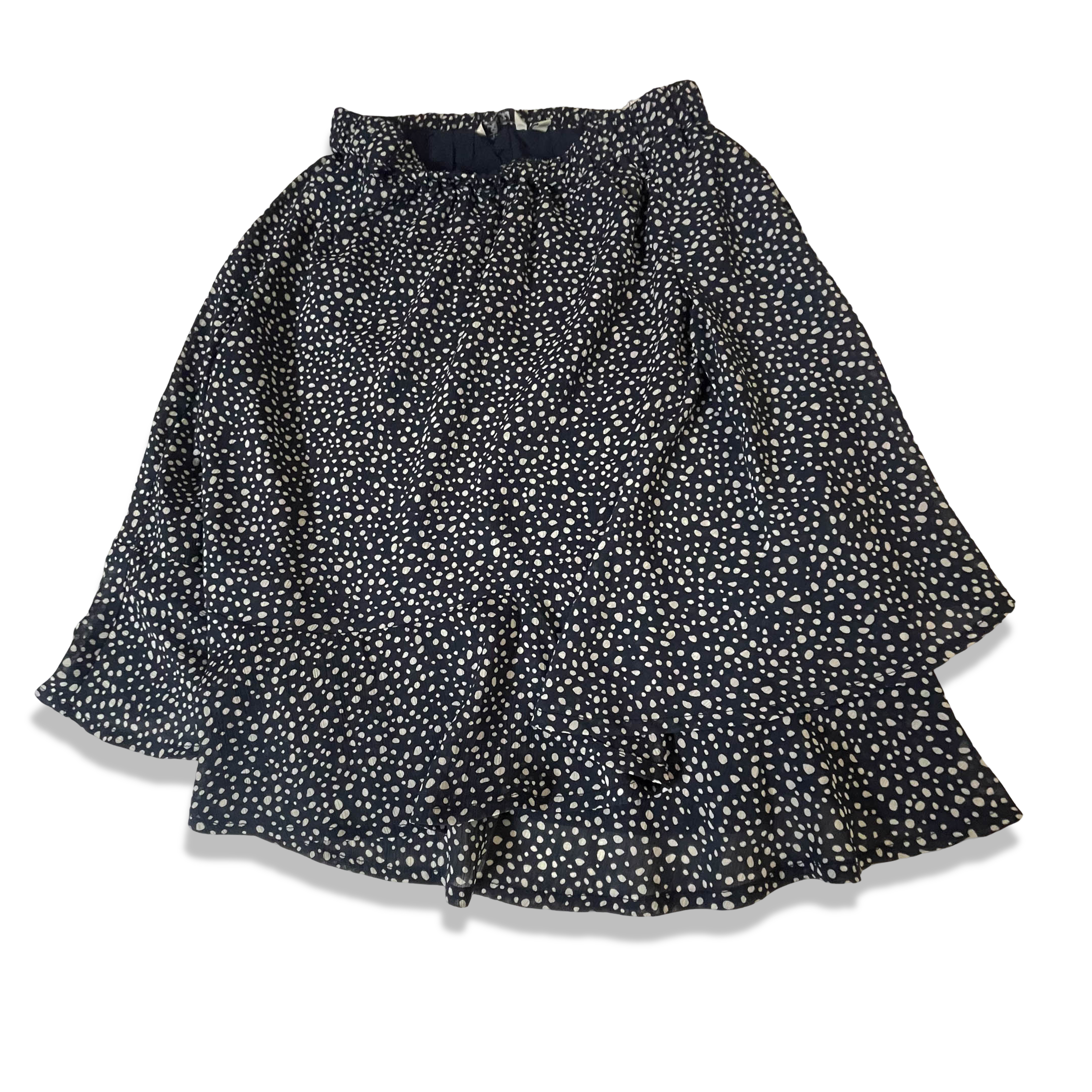Vintage Women's Petrol polka dot print black ruffle mini skirt in XS/S|SKU 3799<br>