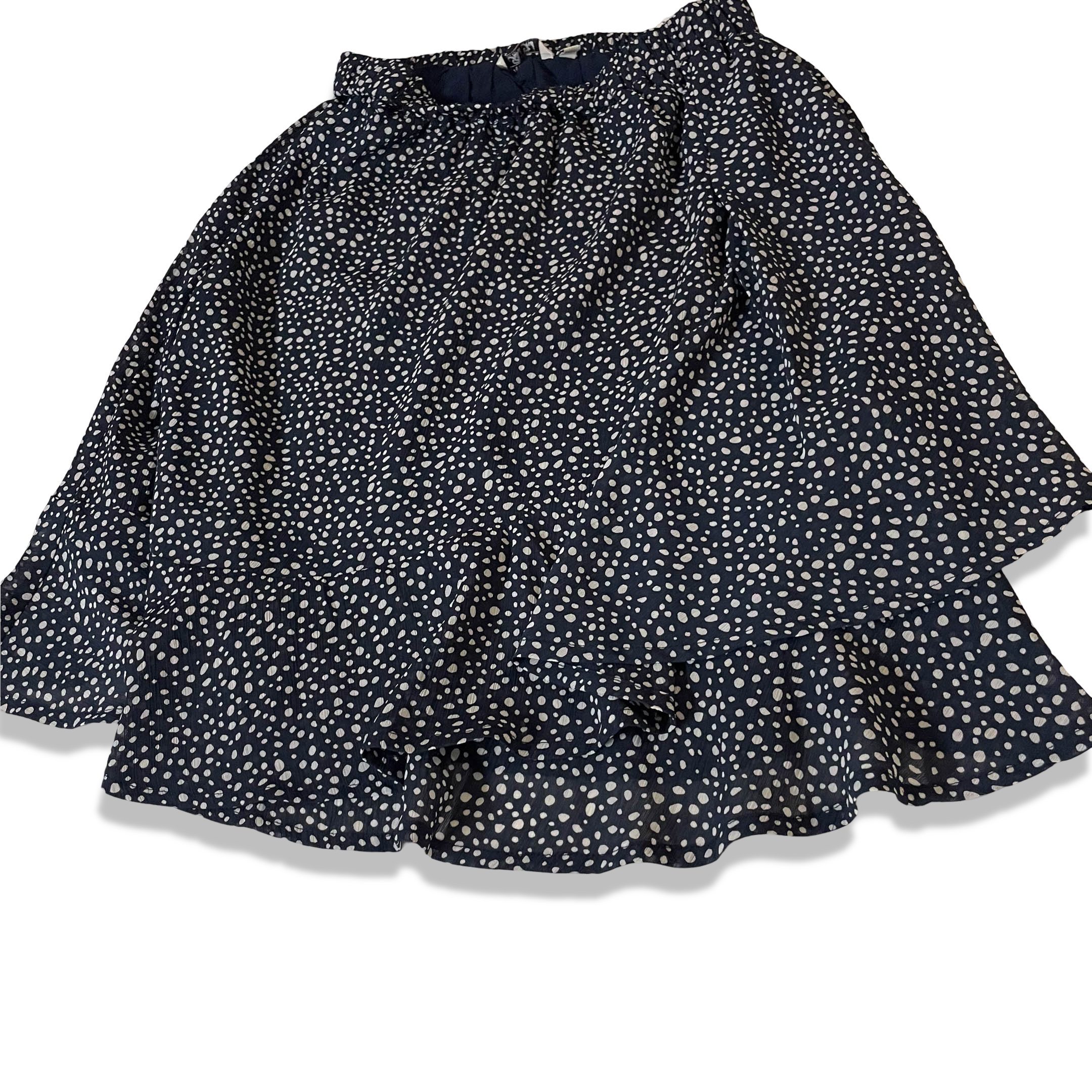 Vintage Women's Petrol polka dot print black ruffle mini skirt in XS/S|SKU 3799