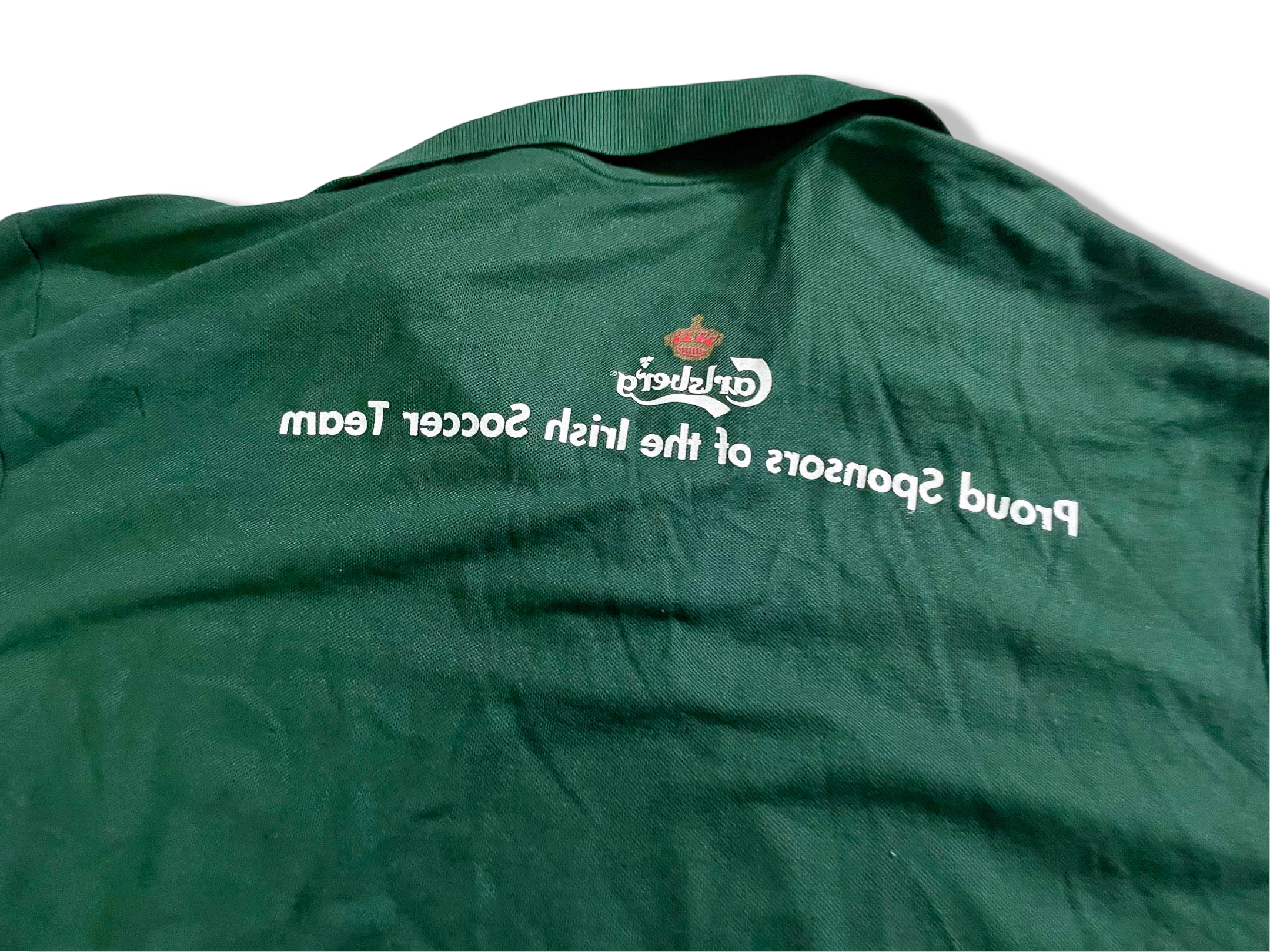 Vintage Men's Fruit of the loom Carlsberg green polo shirt in M|L29 W18| SKU 4114