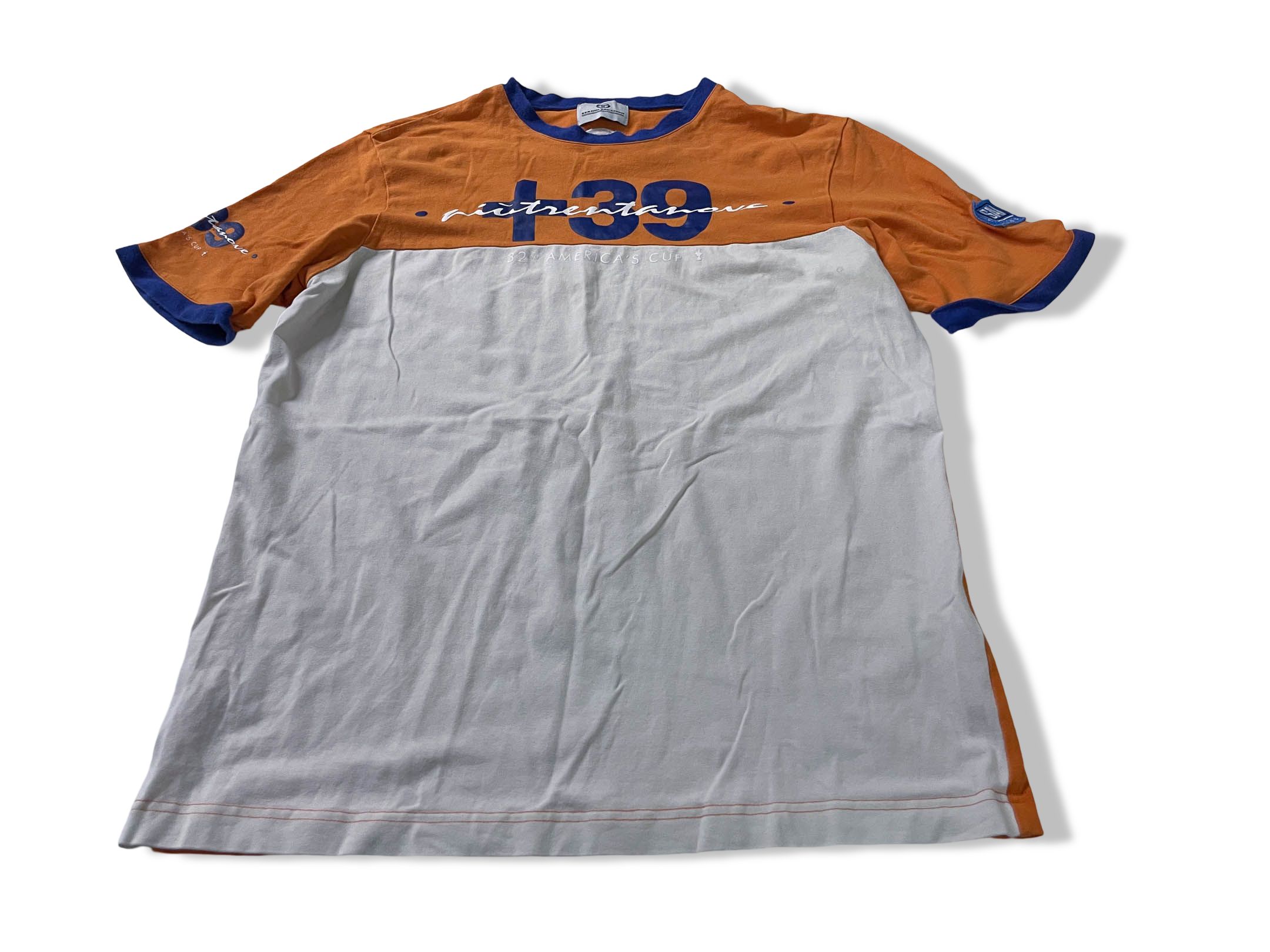 Vintage Men's Sergio Tacchini colorblock orange & white tees in L|L27 W18|SKU 4116
