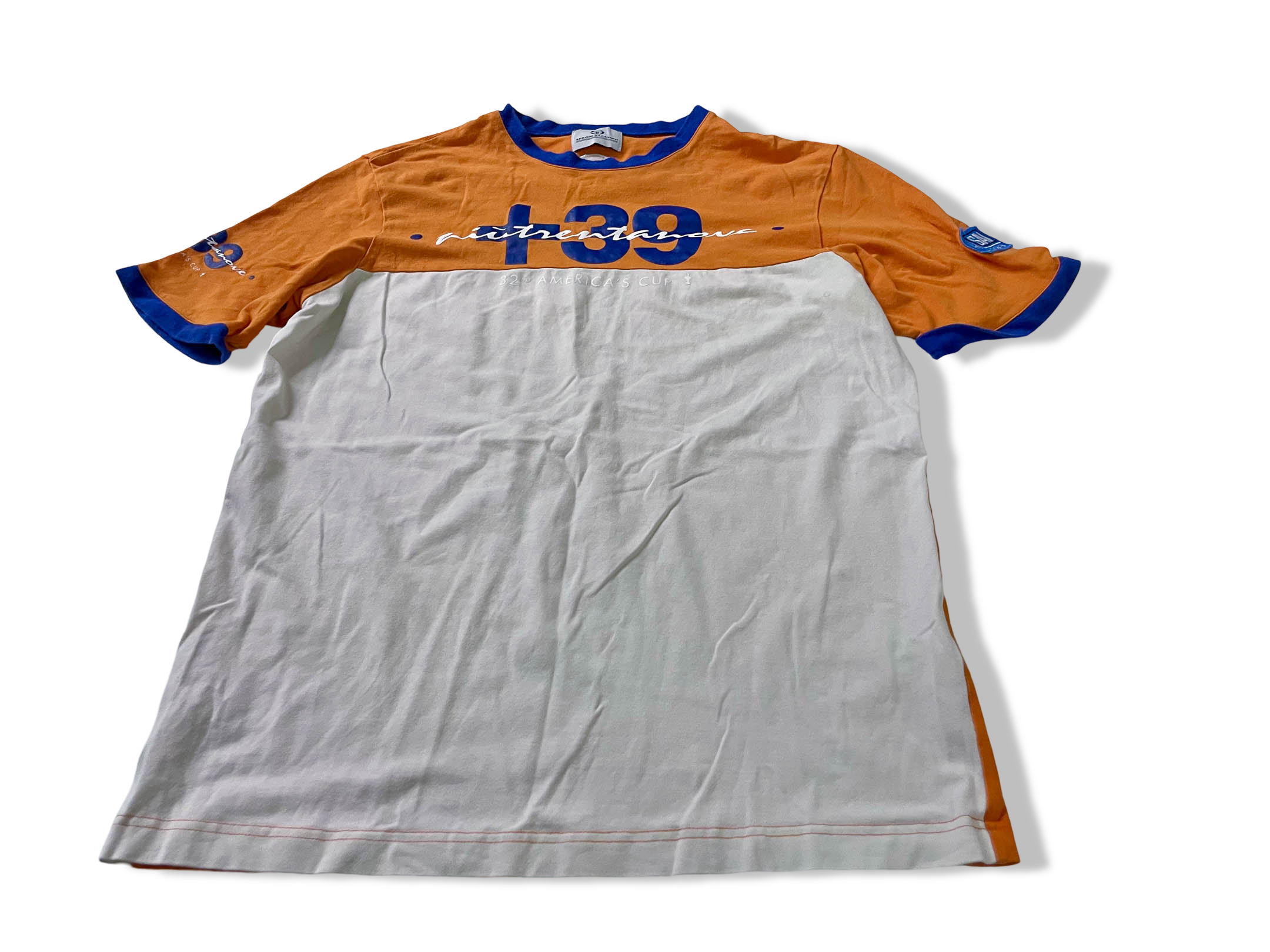 Vintage Men's Sergio Tacchini colorblock orange & white tees in L|L27 W18|SKU 4116