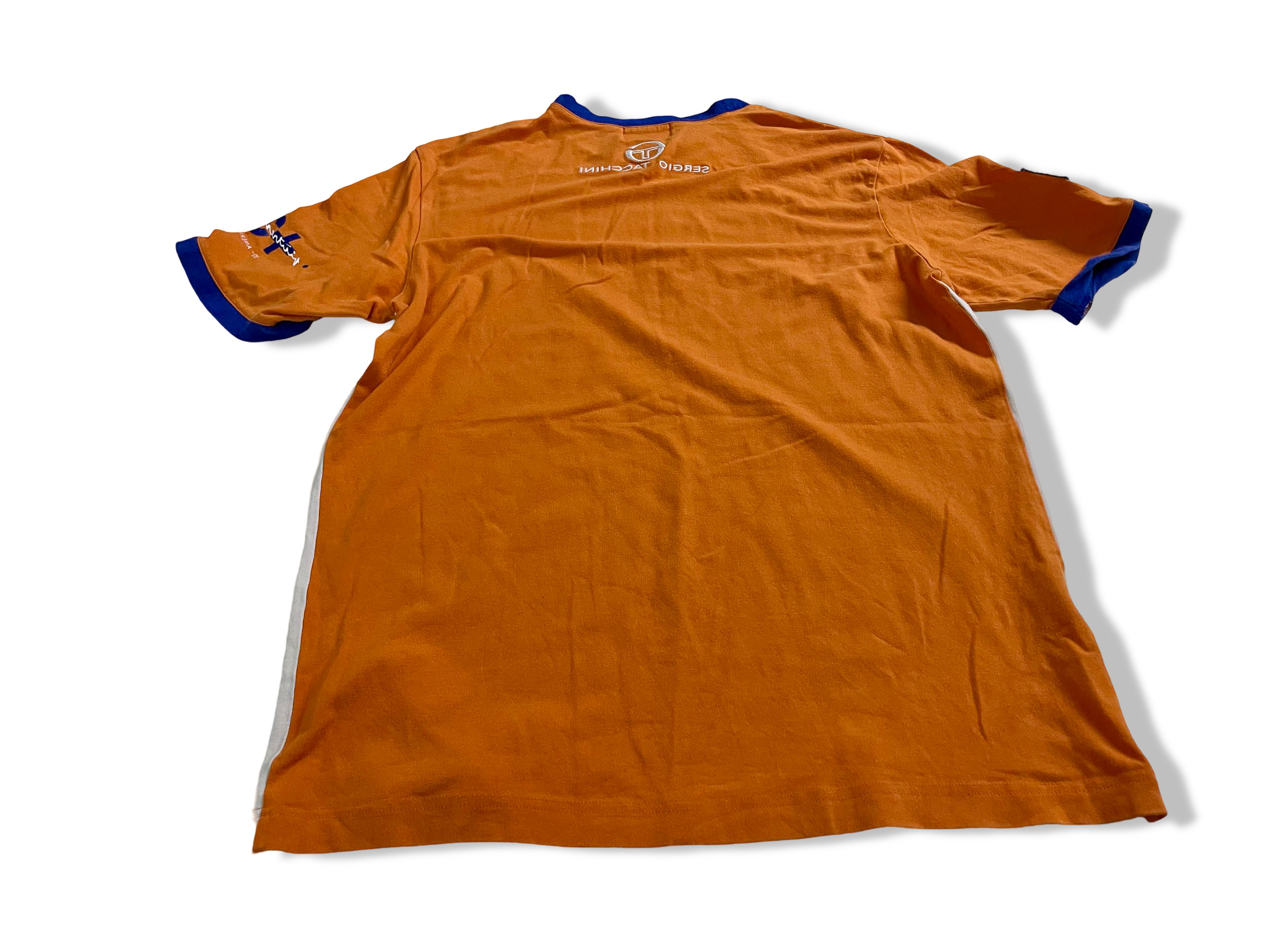 Vintage Men's Sergio Tacchini colorblock orange & white tees in L|L27 W18|SKU 4116